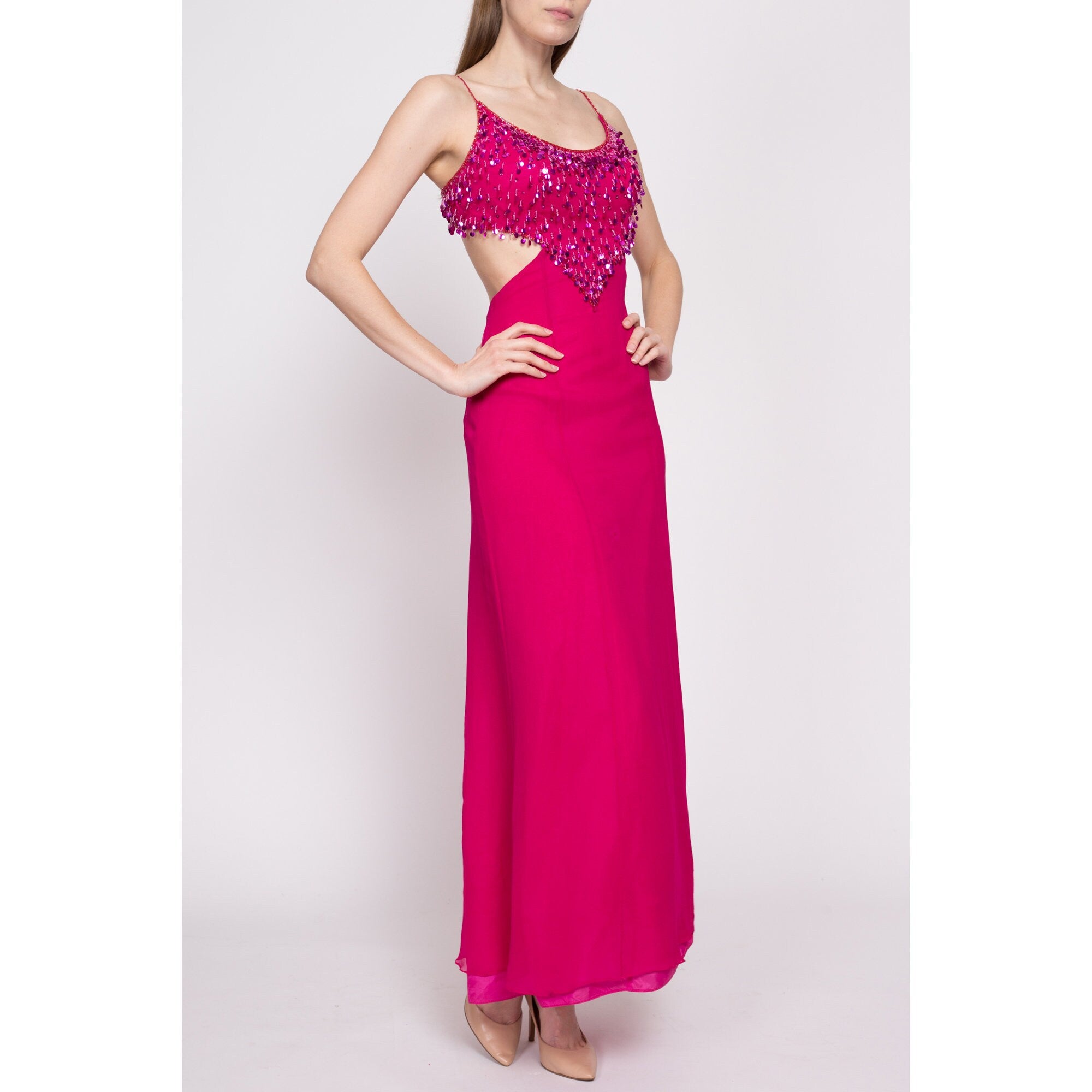 Gown : Dark pink silk zardoshi handworked neck designer gown ...
